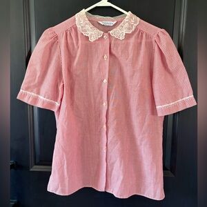 VTG 70s Miss Fashionality Short Sleeve Blouse Peter Pan Lace Collar Trim Rare